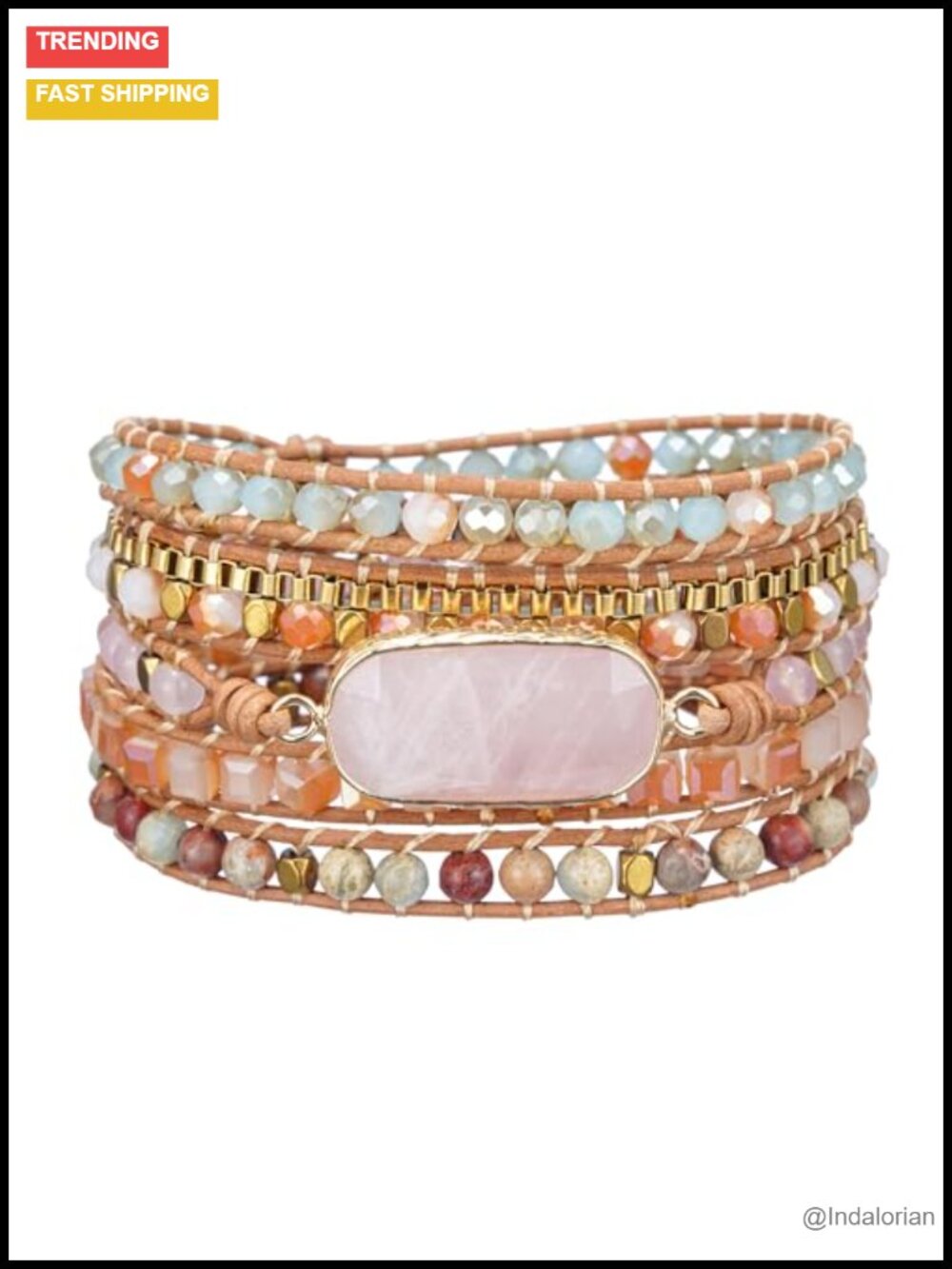 Natural Rose Quartz Wrap Bracelet Boho Leather Adjustable